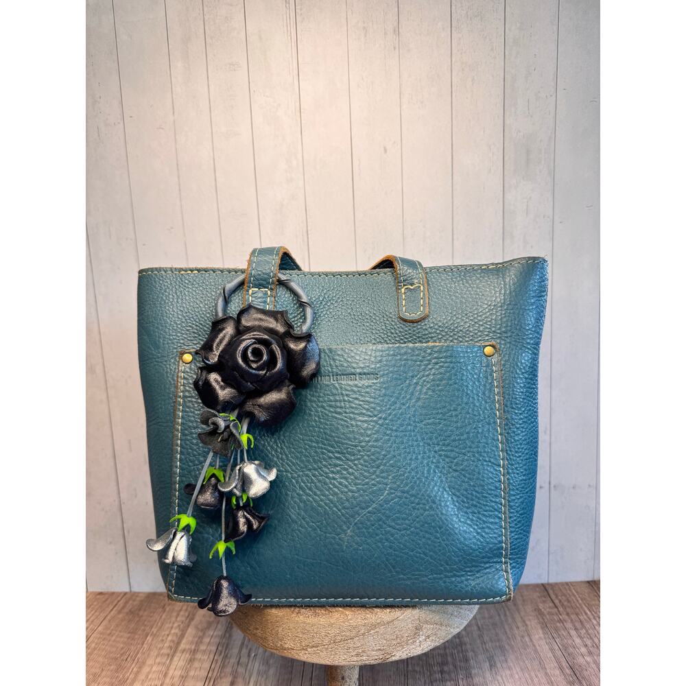 Leather Black Rose Purse Charm Genuine Leather Flower Bag Charm FAST SHIP